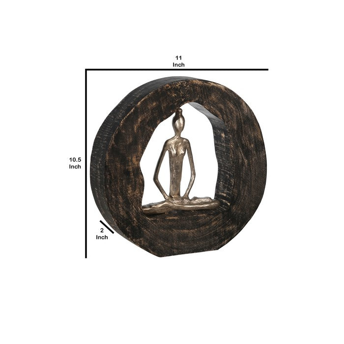 Siddhasana Pose Lady Figurine in Metal Circle, Brown and Silver