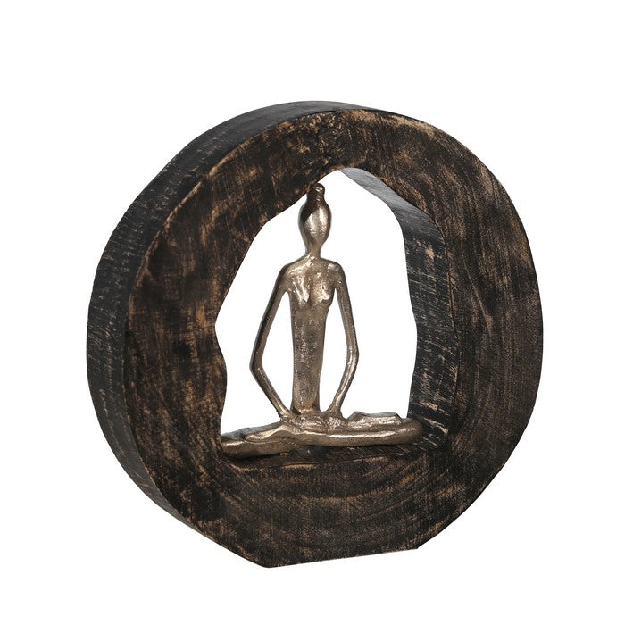 Siddhasana Pose Lady Figurine in Metal Circle, Brown and Silver