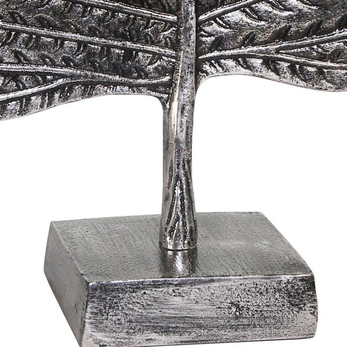 Decorative Metal Betel Leaf Figurine on Stand, Gray and Silver