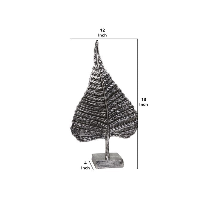 Decorative Metal Betel Leaf Figurine on Stand, Gray and Silver