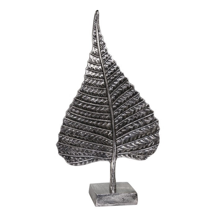 Decorative Metal Betel Leaf Figurine on Stand, Gray and Silver
