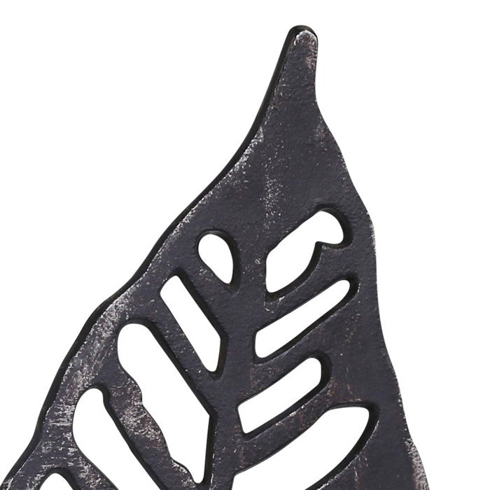 Decorative Metal Leaf Figurine with Cut Out Details and Stand, Black