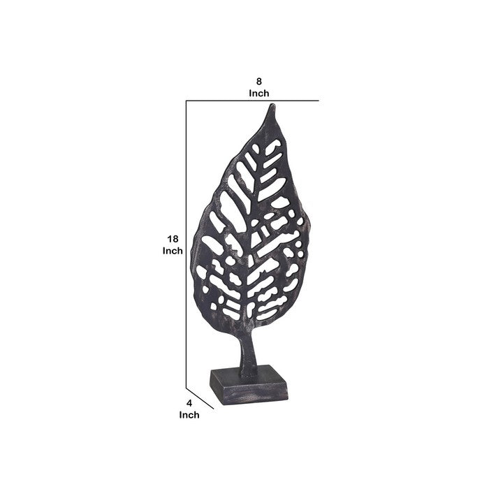 Decorative Metal Leaf Figurine with Cut Out Details and Stand, Black