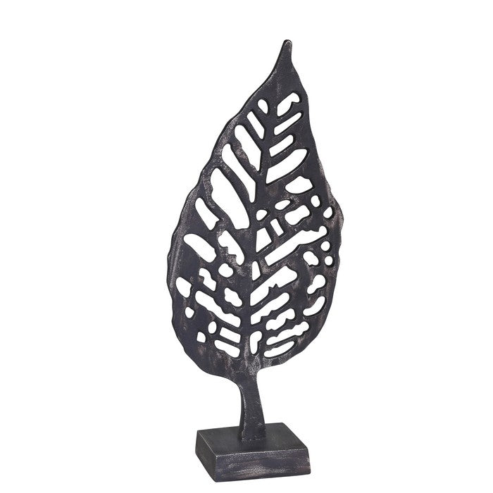 Decorative Metal Leaf Figurine with Cut Out Details and Stand, Black