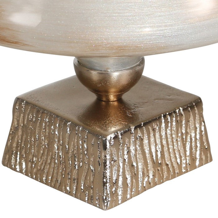 Table Lamp Shaped Glass Hurricane on Metal Base, Large,Beige and Brown