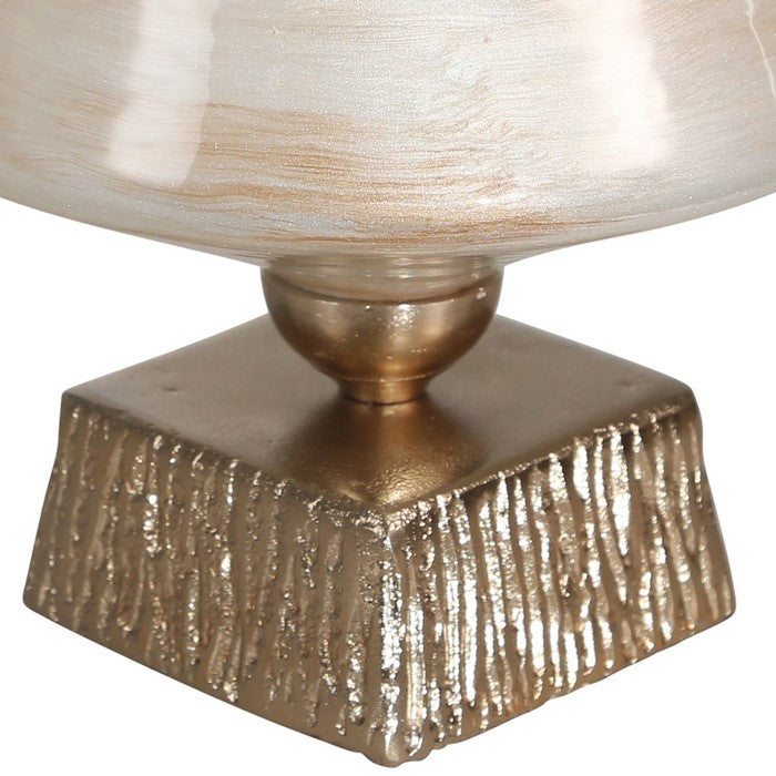 Table Lamp Shaped Glass Hurricane on Metal Base, Small,Beige and Brown