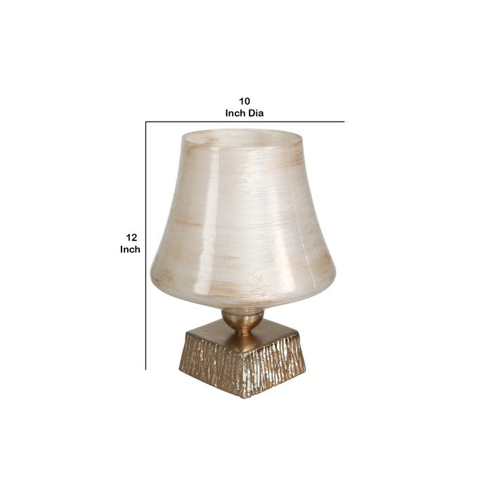 Table Lamp Shaped Glass Hurricane on Metal Base, Small,Beige and Brown
