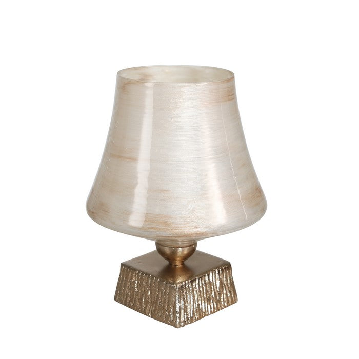 Table Lamp Shaped Glass Hurricane on Metal Base, Small,Beige and Brown