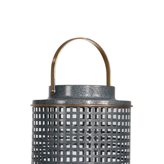 Metal Candle Holder with Grid Details, Small, Gray and Copper