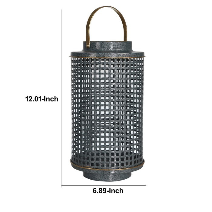 Metal Candle Holder with Grid Details, Small, Gray and Copper