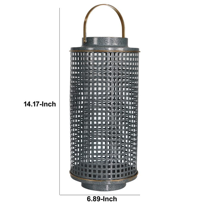 Metal Candle Holder with Grid Details, Large, Gray and Copper