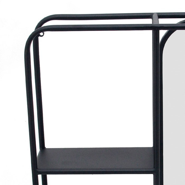 Transitional Vertical Metal Wall Shelf with Mirror, Black and Silver