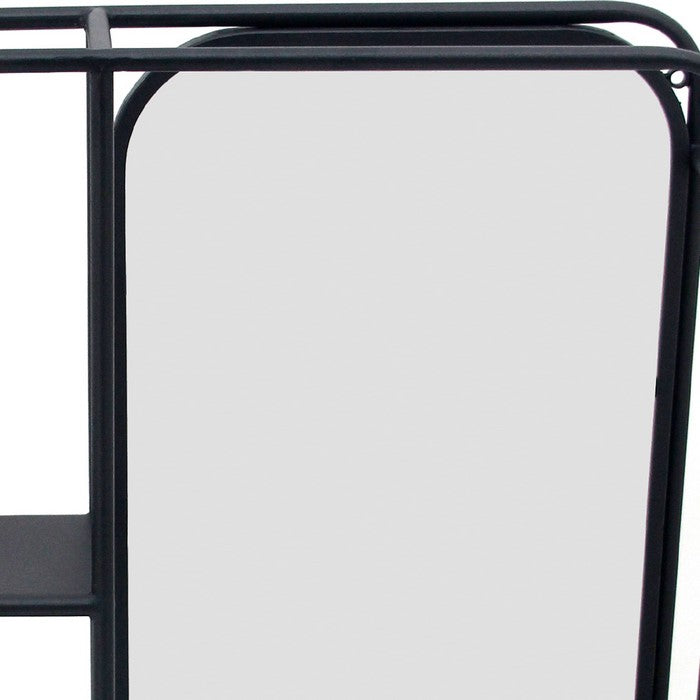Transitional Vertical Metal Wall Shelf with Mirror, Black and Silver