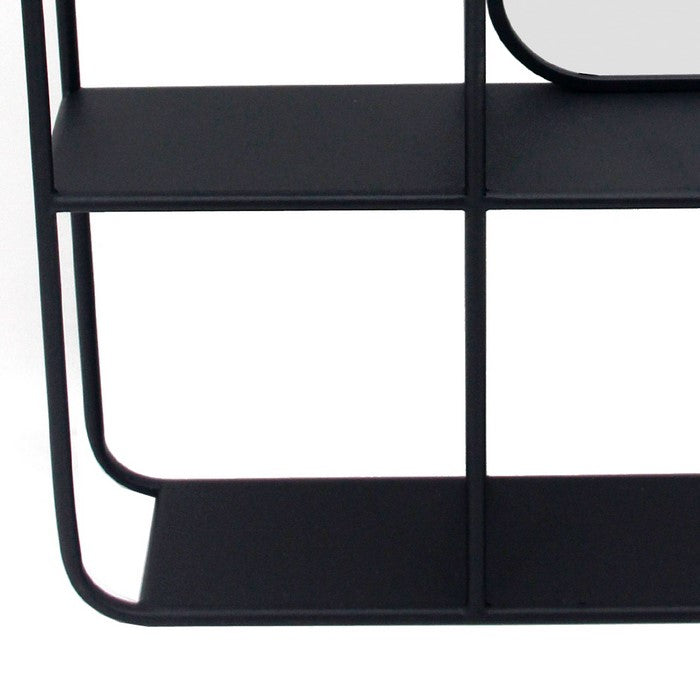 Transitional Vertical Metal Wall Shelf with Mirror, Black and Silver