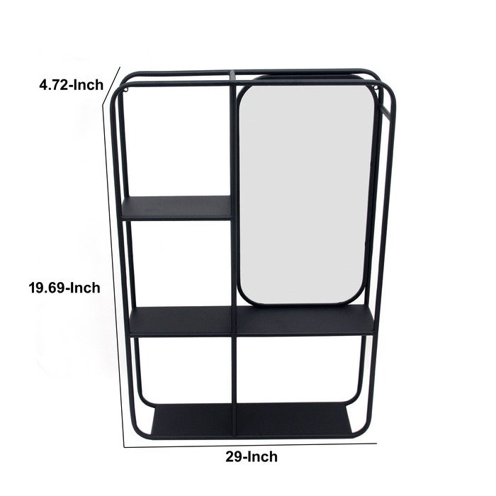 Transitional Vertical Metal Wall Shelf with Mirror, Black and Silver