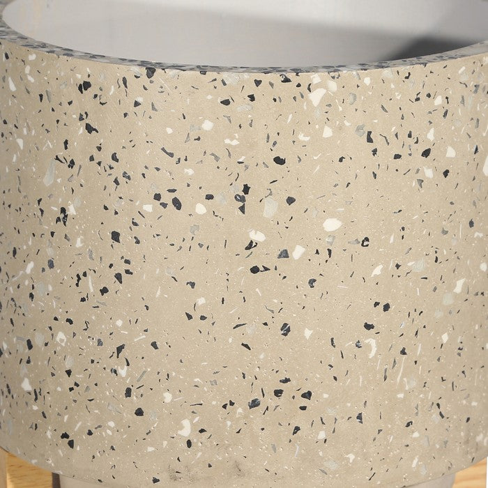 Mosaic Round Cement Planter on Wooden Stand, Medium, Beige and Brown