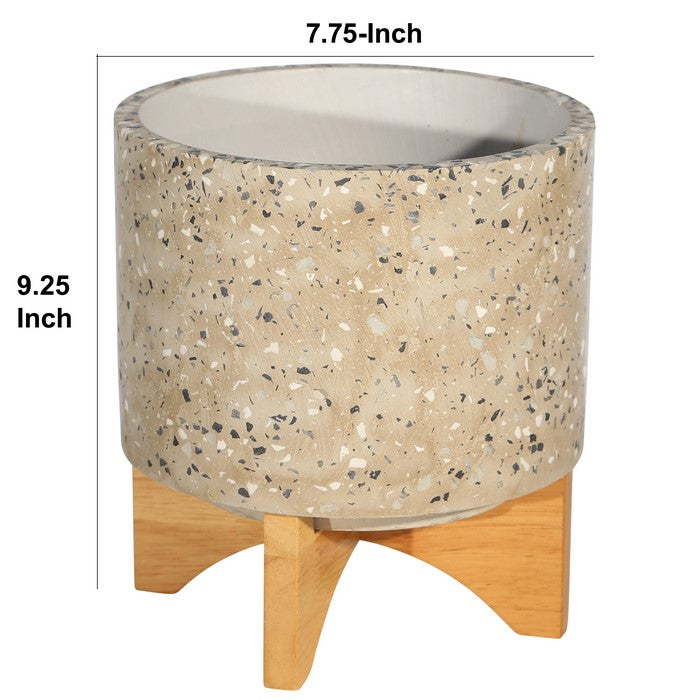 Mosaic Round Cement Planter on Wooden Stand, Medium, Beige and Brown