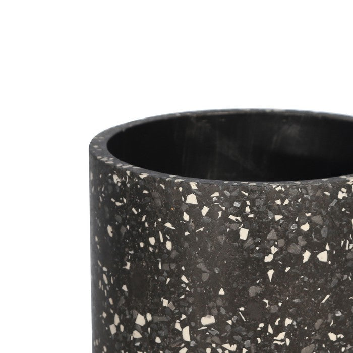 Mosaic Round Cement Planter on Wooden Stand, Medium, Black and Brown