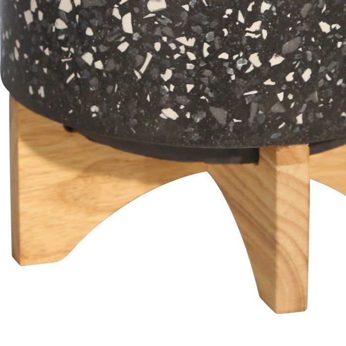 Mosaic Round Cement Planter on Wooden Stand, Medium, Black and Brown
