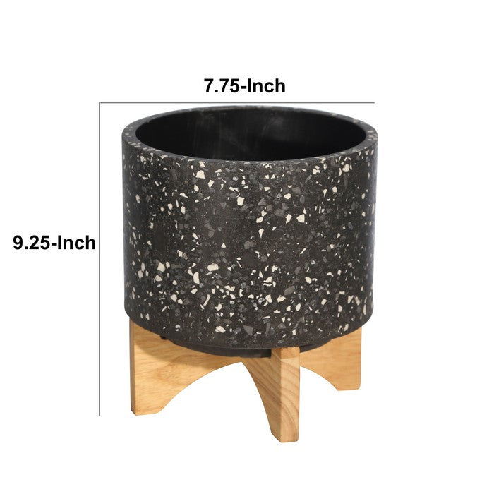 Mosaic Round Cement Planter on Wooden Stand, Medium, Black and Brown