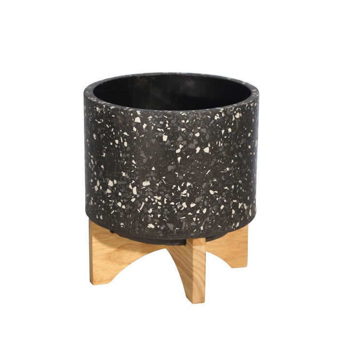 Mosaic Round Cement Planter on Wooden Stand, Medium, Black and Brown