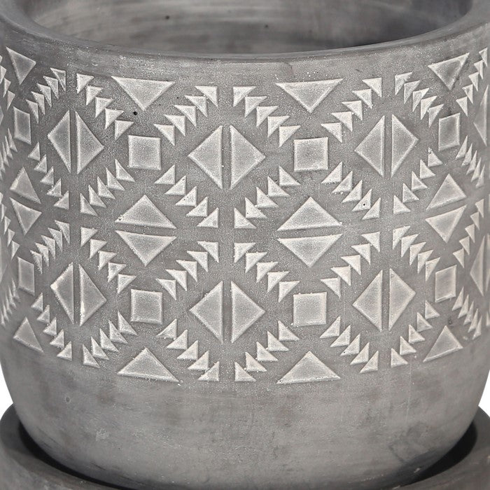 Diamond Pattern Cement Planter with Saucer, Gray and White