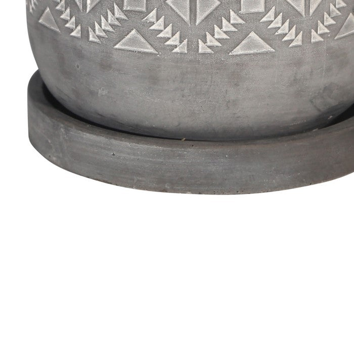 Diamond Pattern Cement Planter with Saucer, Gray and White