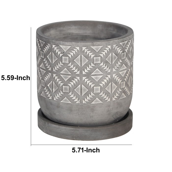Diamond Pattern Cement Planter with Saucer, Gray and White