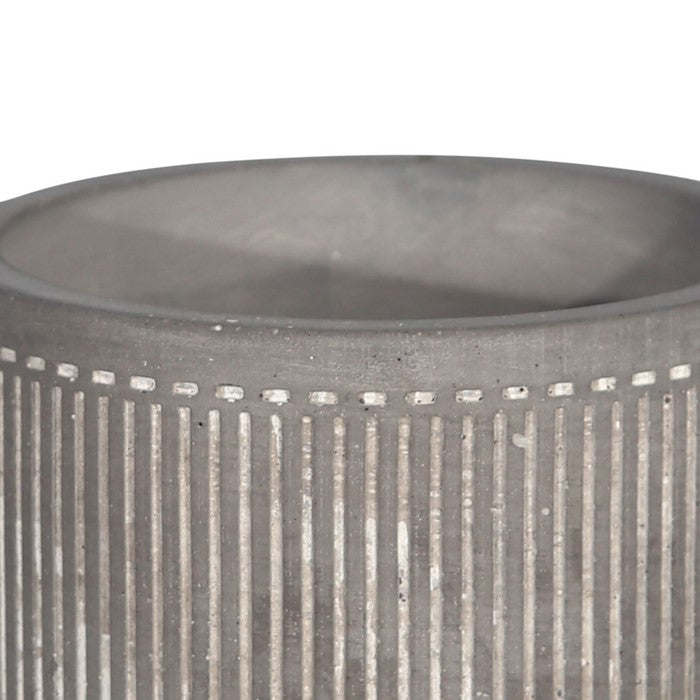 Striped Pattern Cement Planter with Saucer, Gray and White