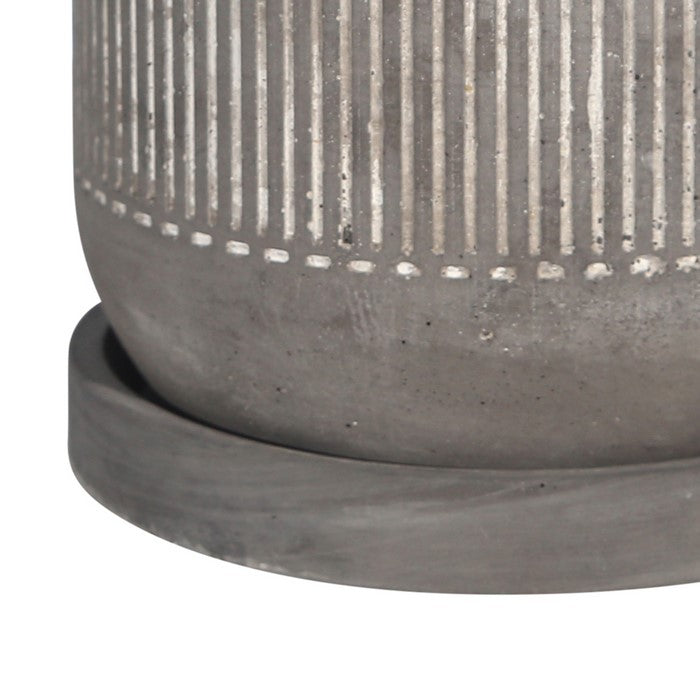 Striped Pattern Cement Planter with Saucer, Gray and White