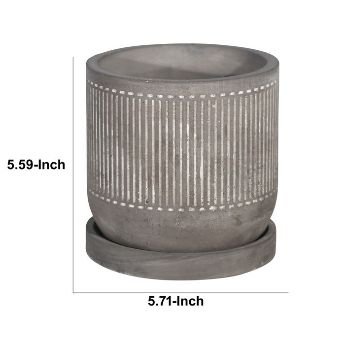 Striped Pattern Cement Planter with Saucer, Gray and White