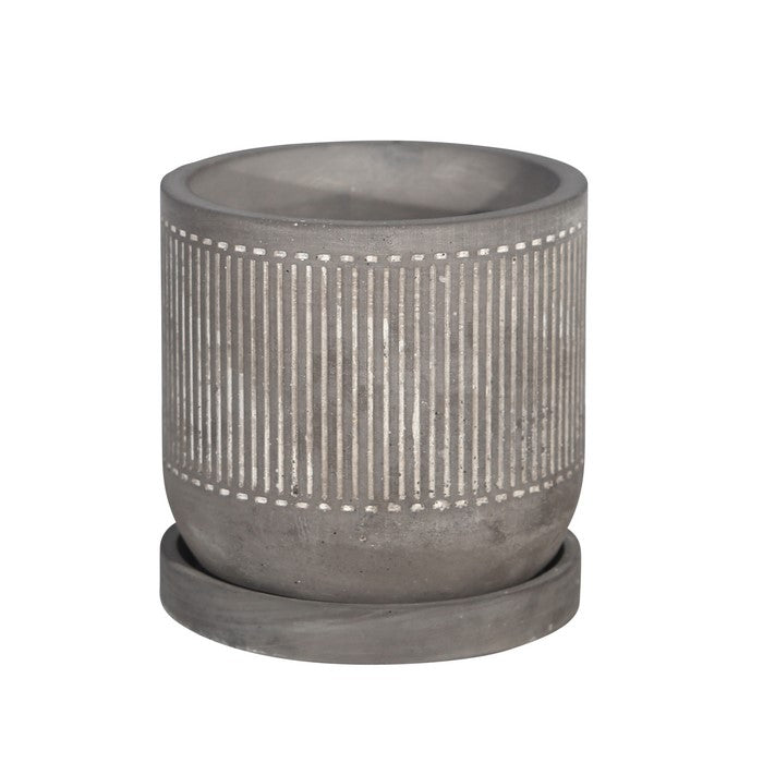 Striped Pattern Cement Planter with Saucer, Gray and White
