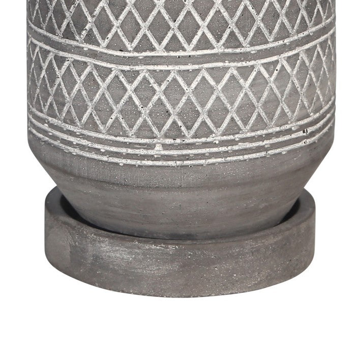Diamond Pattern Round Cement Planter with Saucer, Gray and White