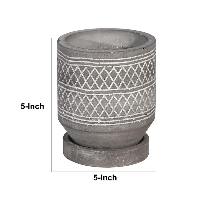Diamond Pattern Round Cement Planter with Saucer, Gray and White