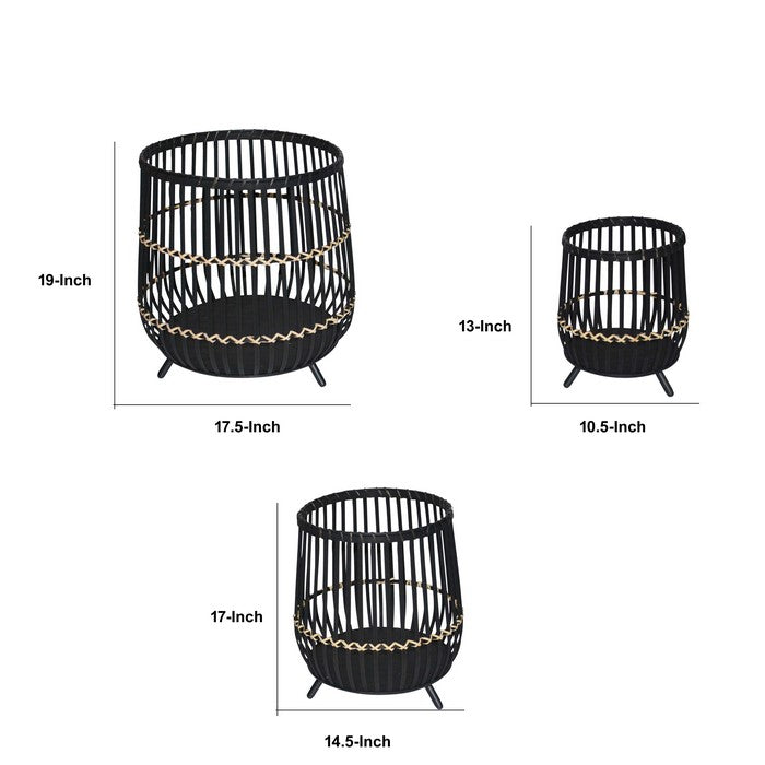 Drum Shaped Open Cage Bamboo Planter with Angled Legs, Set of 3, Black