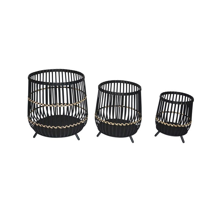 Drum Shaped Open Cage Bamboo Planter with Angled Legs, Set of 3, Black