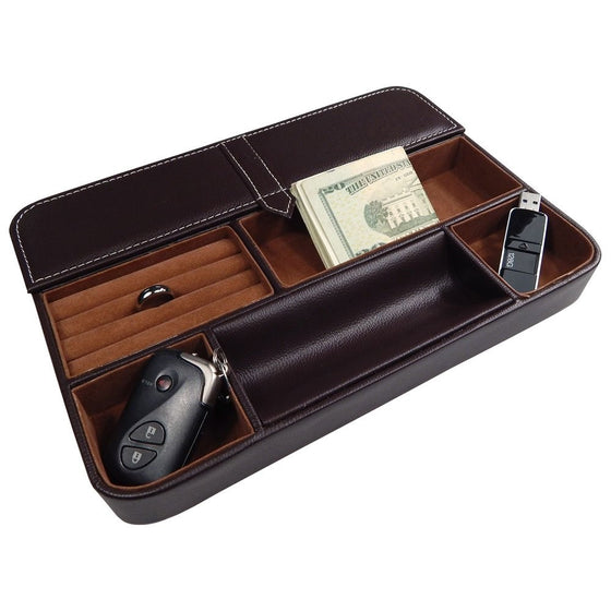 Profile Gifts Max 6 Compartment Valet Tray - Leatherette Organizer Box for Wallets, Coins, Keys, and Jewelry