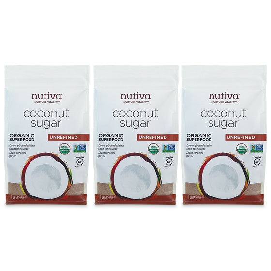 Nutiva USDA Certified Organic, non-GMO, Unrefined Granulated Coconut Sugar, 1-Pound, Pack of 3