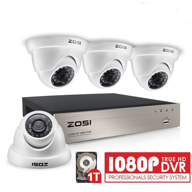 ZOSI 4CH FULL TRUE 1080P HD-TVI DVR Recorder HDMI With 4X 1980TVL Indoor outdoor Surveillance Security Dome Camera System 1TB hard Disk -65feet Night Vision -IR Cut built in -Quick Remote Access