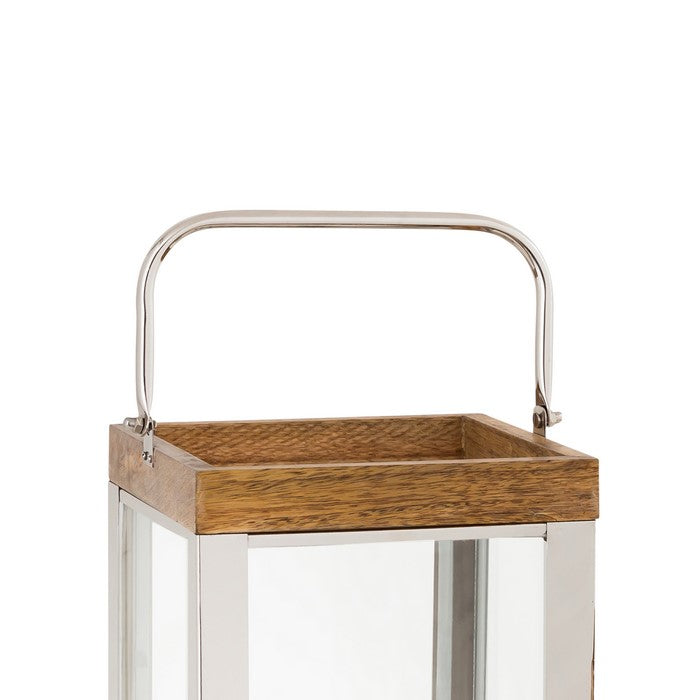 Wood and Metal Lantern with Glass Panel Inserts, Large,Brown and Clear
