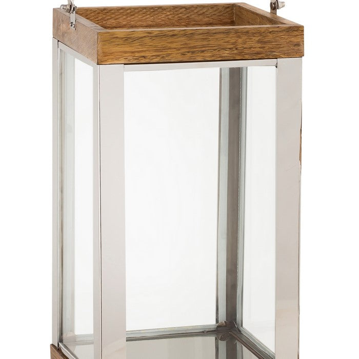 Wood and Metal Lantern with Glass Panel Inserts, Large,Brown and Clear