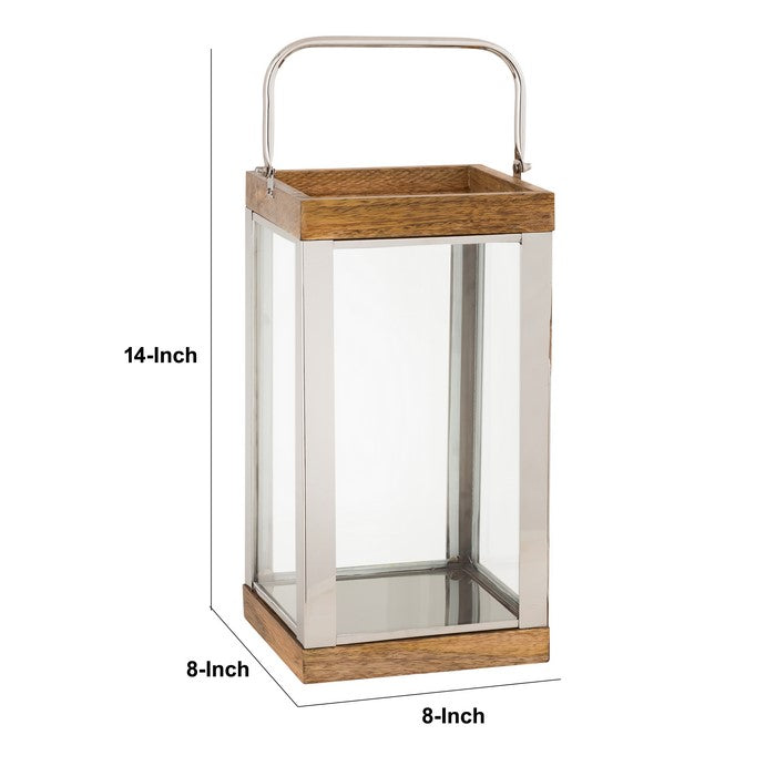 Wood and Metal Lantern with Glass Panel Inserts, Large,Brown and Clear