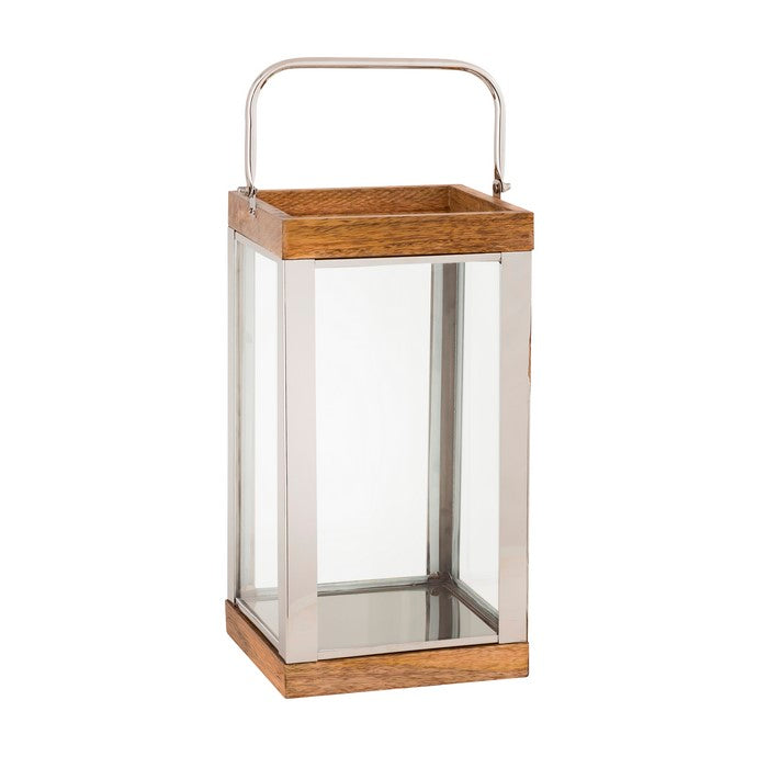 Wood and Metal Lantern with Glass Panel Inserts, Large,Brown and Clear