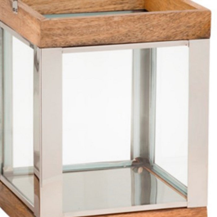 Wood and Metal Lantern with Glass Panel Inserts, Small,Brown and Clear