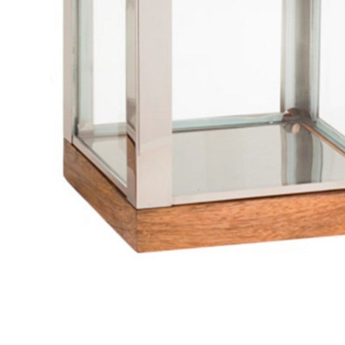Wood and Metal Lantern with Glass Panel Inserts, Small,Brown and Clear