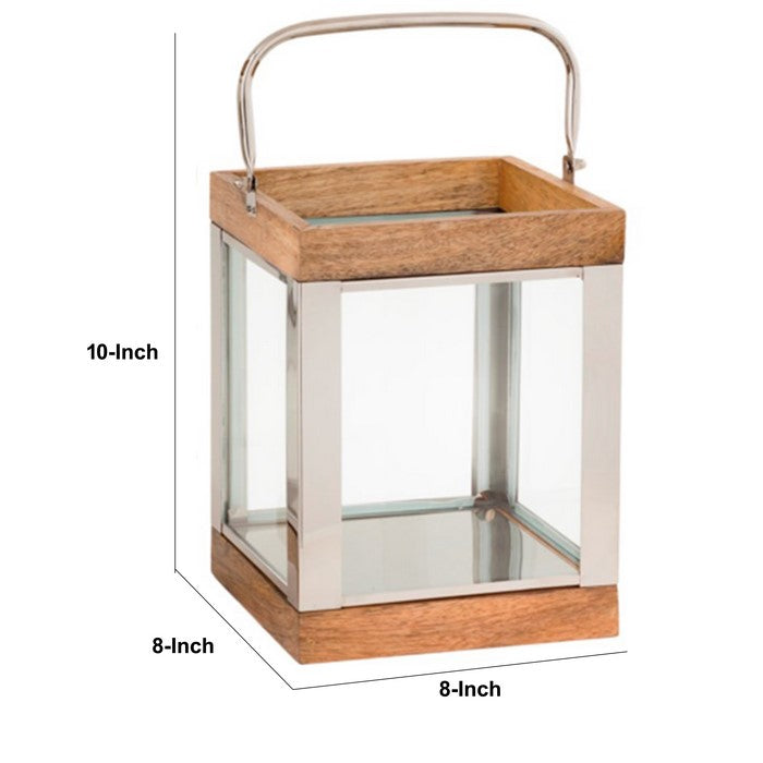 Wood and Metal Lantern with Glass Panel Inserts, Small,Brown and Clear