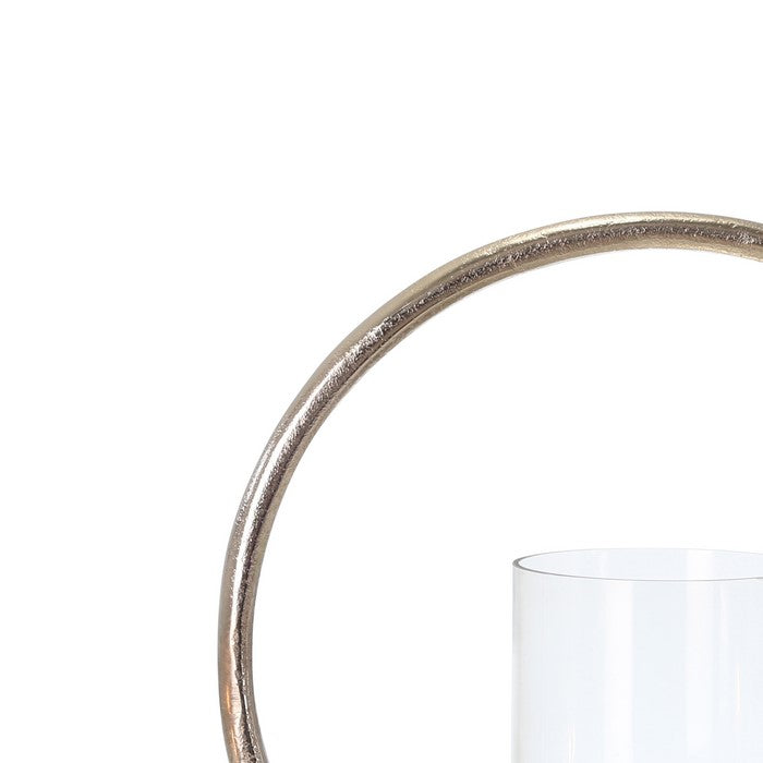 Metal Ring Candle Holder with Glass Hurricane, Small, Clear and Silver