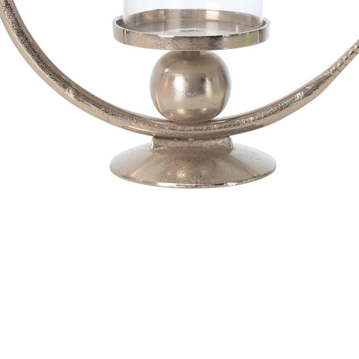 Metal Ring Candle Holder with Glass Hurricane, Small, Clear and Silver