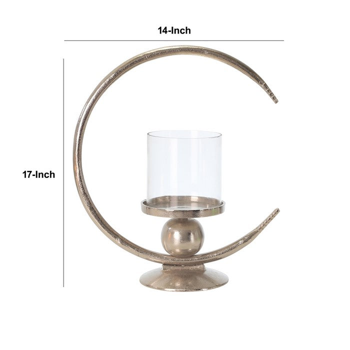 Metal Ring Candle Holder with Glass Hurricane, Small, Clear and Silver
