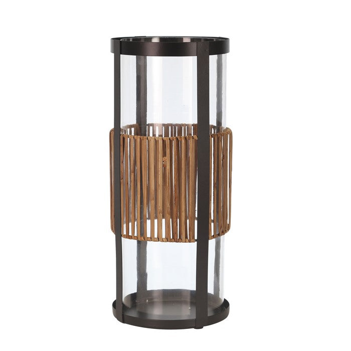 Cylindrical Metal and Glass Hurricane, Set of 2, Black and Brown